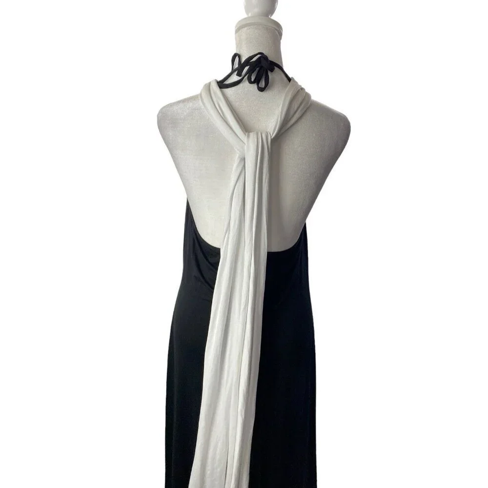 VENUS Women Maxi Dress Size L Black‎ White Halter Wrap Detail Unique 4-8